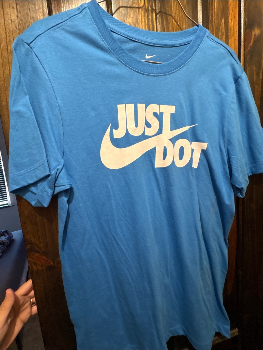 Nike Blue Short Sleeve Tee with White 'JUST DOT' Graphic